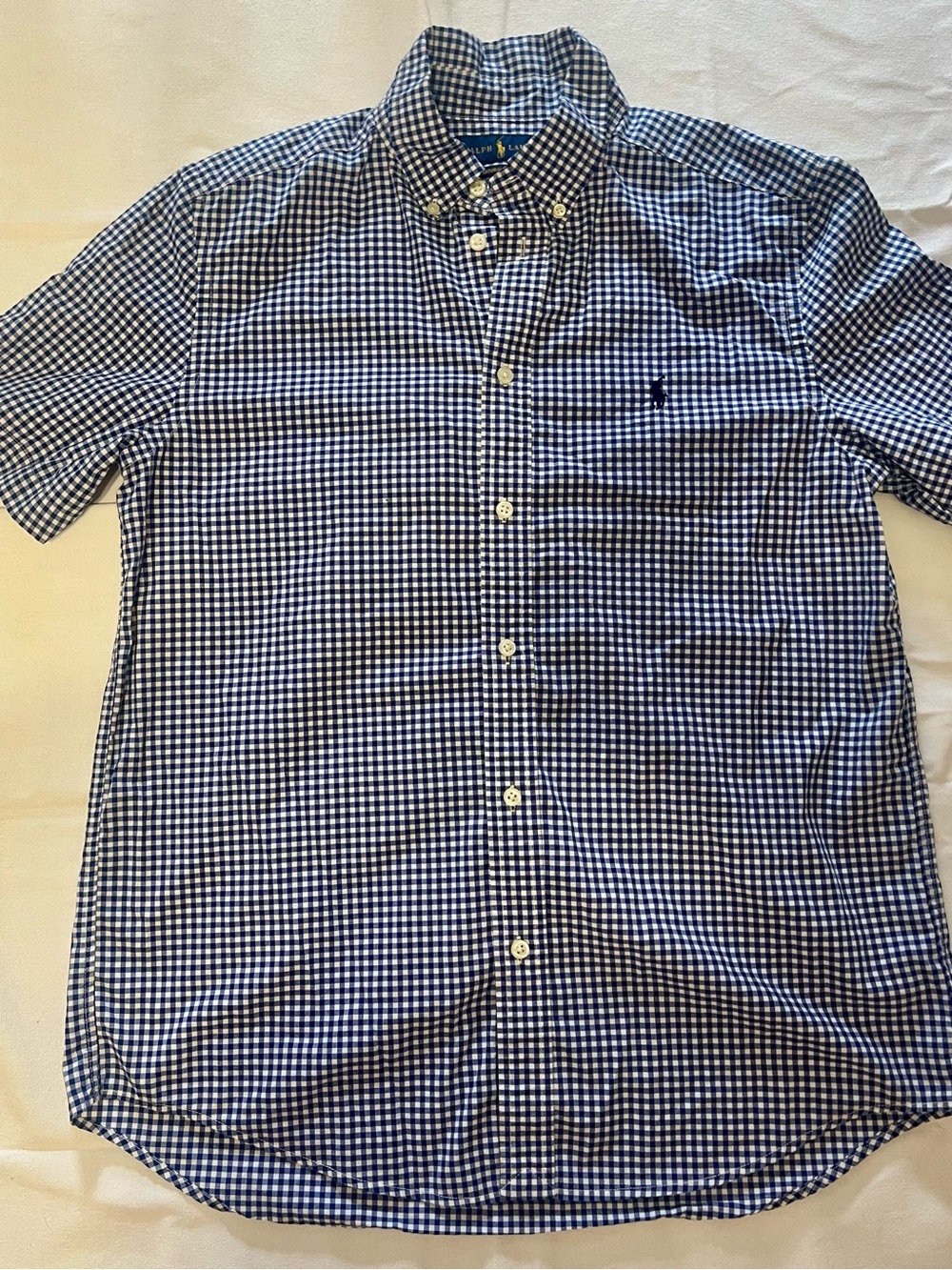Ralph Lauren Boys Gingham Short Sleeve Button Down Shirt Size XL (18/20) Kit Nav